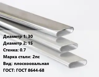 Труба плоскоовальная 30х15 s=0.7 Сталь: 2пс плоскоовальная ГОСТ: ГОСТ 8644-68